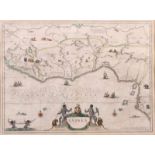Kupferstich 17. Jh.Guinea. Amstelodami, Sumptibus Joannis Janßony. Dekorative Karte mit farbiger