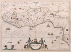 Kupferstich 17. Jh.Guinea. Amstelodami, Sumptibus Joannis Janßony. Dekorative Karte mit farbiger