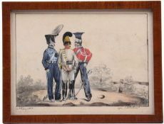 Drei Soldaten, 19. Jh."von Schlieben März 1827" Aquarell, verso bez" Die drei Brüder von