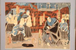 Utagawa, Yosiika. 1833 - 1904.Japanischer Farbholzschnitt "Schauspieler" Triptichon. H: 45 x 58