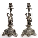 19th C Pair of French Figural Silver (900) Candlesticks