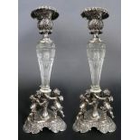 A Pair of German Silver & Lobmeyr Crystal Candlesticks