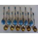 12 Russian Silver & Enamel Spoons, Gustav Klinger