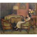 Interieurmaler (1. H. 20. Jh.), Lesende Frau im Salon, Öl/Holz, 67,3 x 77,1 cm, eine kleine