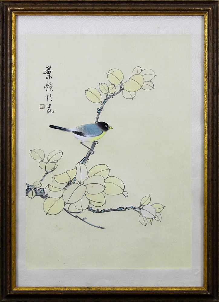 Japanisches Aquarell auf Seide, Meise auf Zweig, oben links Bezeichnung und Stempel, 42,5 x 30 cm,
