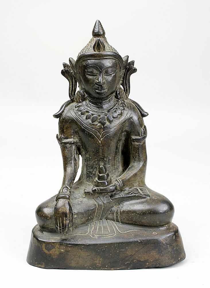Buddha, Tibet, 17.Jh., Bronzeguss mit schöner brauner Alterspatina, meditierende Haltung im - Image 2 of 5