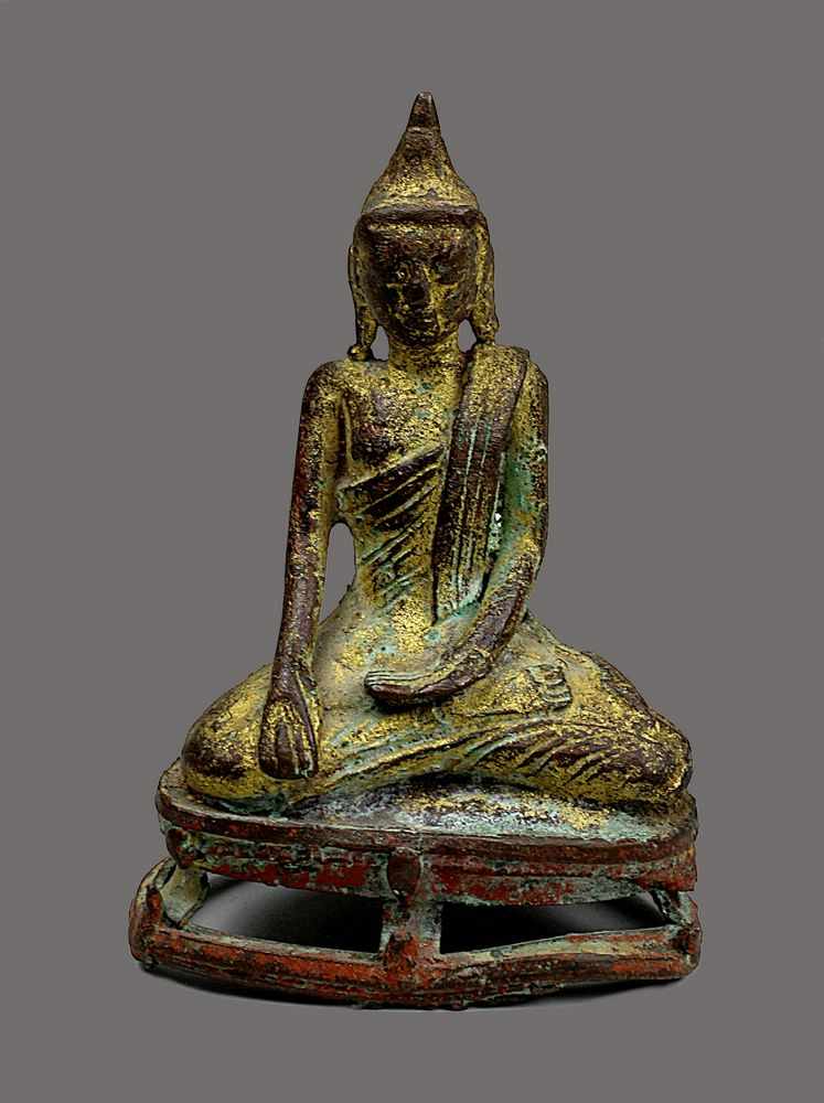 Kleiner Bronze-Buddha, wohl Shan, Myanmar, 17. Jh., Bronze mit Resten von Vergoldung und roter Farbe
