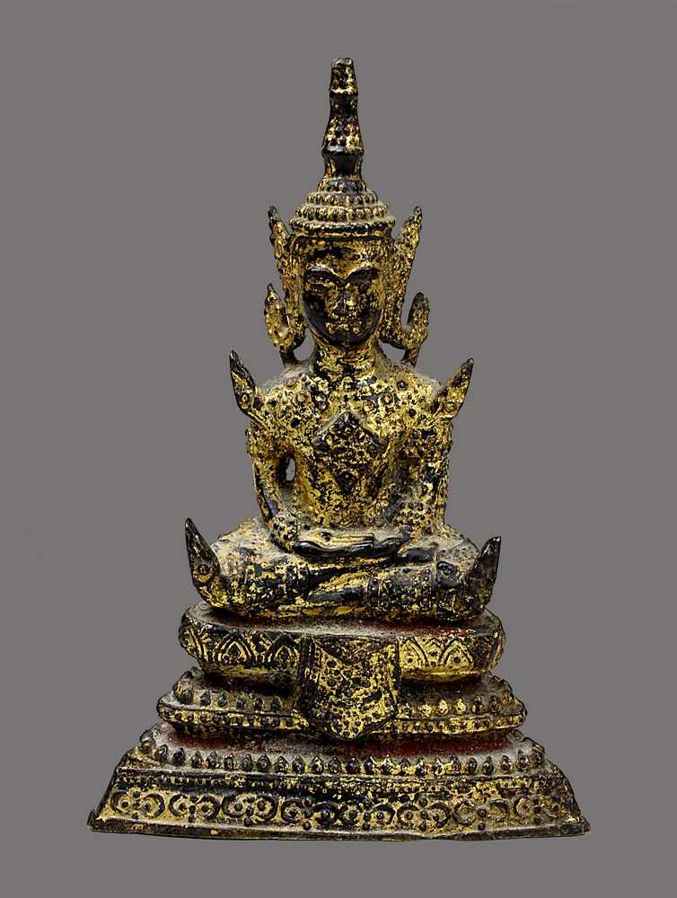 Kleiner Bronze-Buddha, Thailand 19. Jh., Buddha in Meditationshaltung auf dreistufigem Thron
