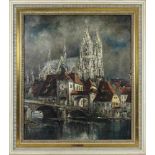 Hierer, Arthur (1896-1985), Blick über die Donau auf die steinerne Brücke und den Dom zu Regensburg,