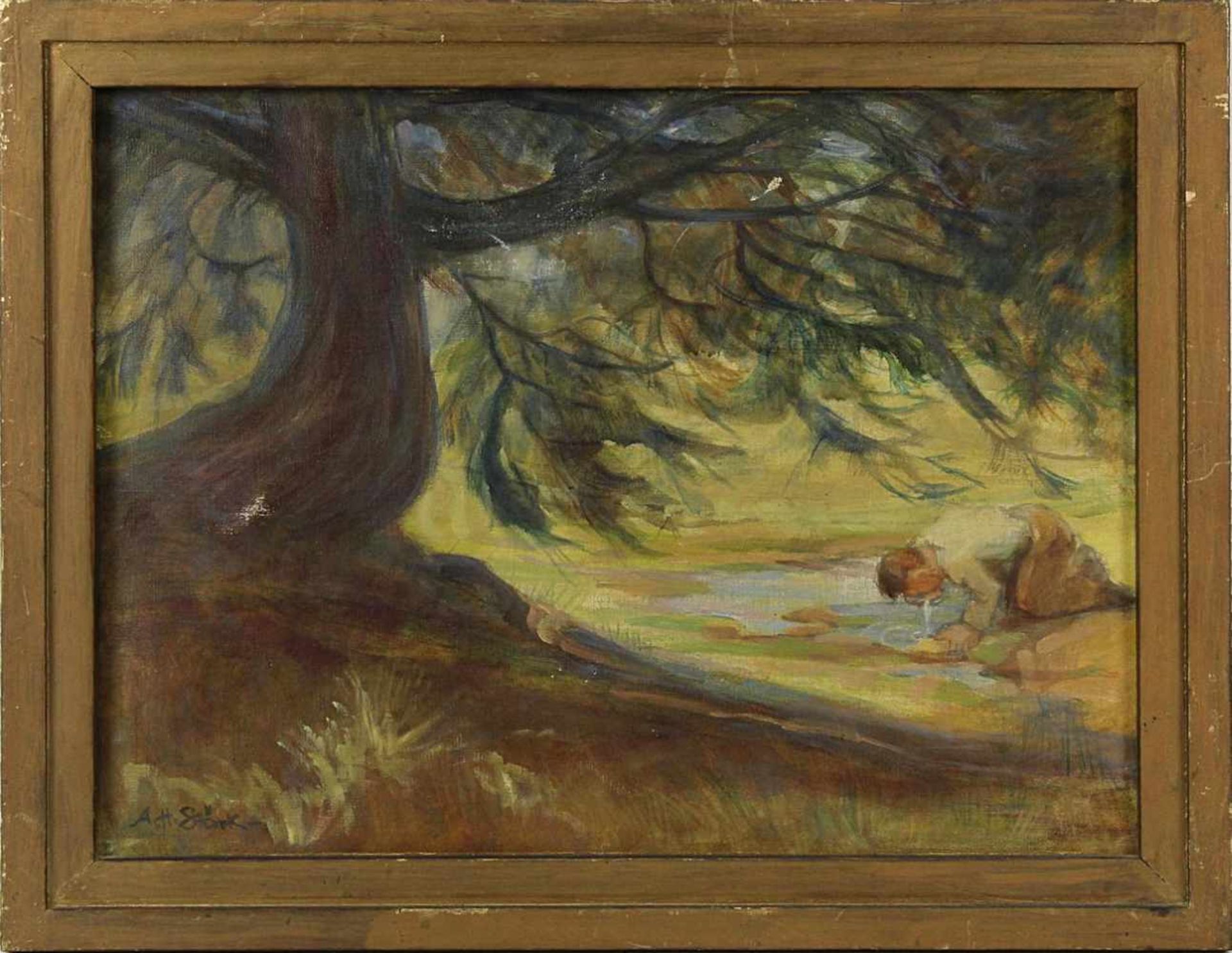 Stärk, A., dt. Landschaftsmaler, Rastender beim Wasser trinken (19)49, Öl auf Leinwand, links