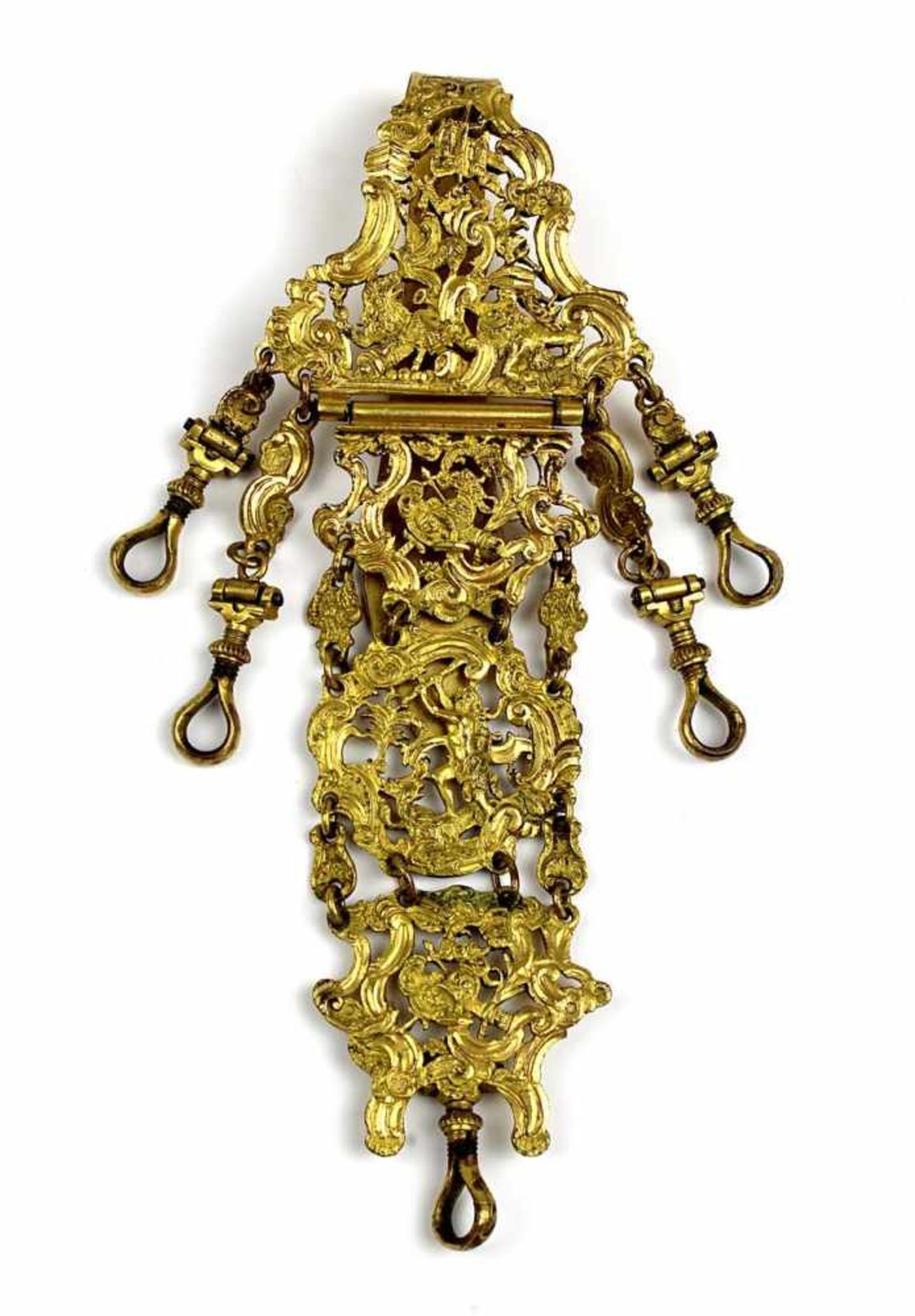 Châtelaine, Frankreich, 18.Jh., Kupfer, feuervergoldet, ausgesägte Szenen aus der Mythologie mit