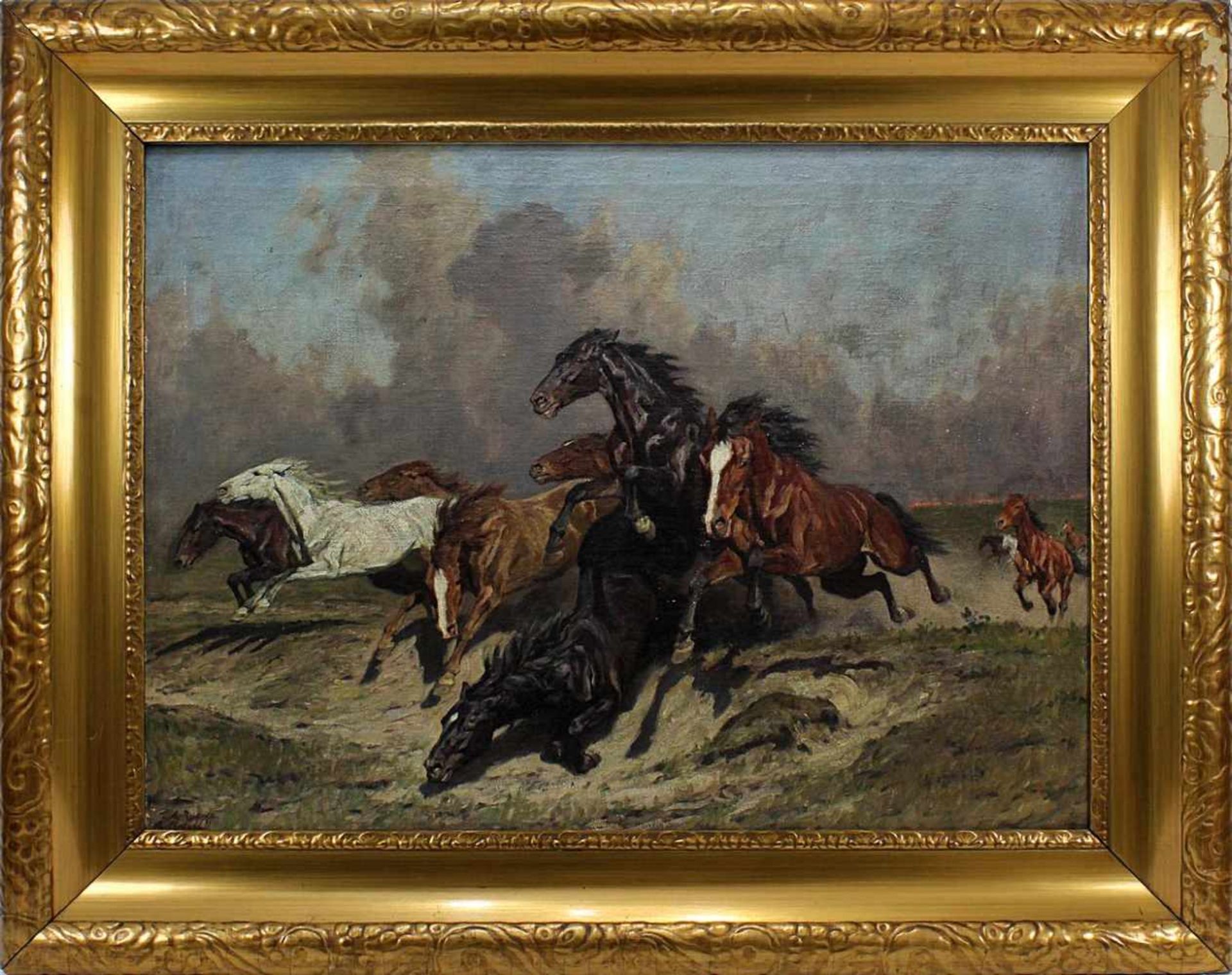Roloff, Alfred (1879, Lasan - 1951 Rade b. Rendsburg), Wildpferde, Öl auf Leinwand, links unten
