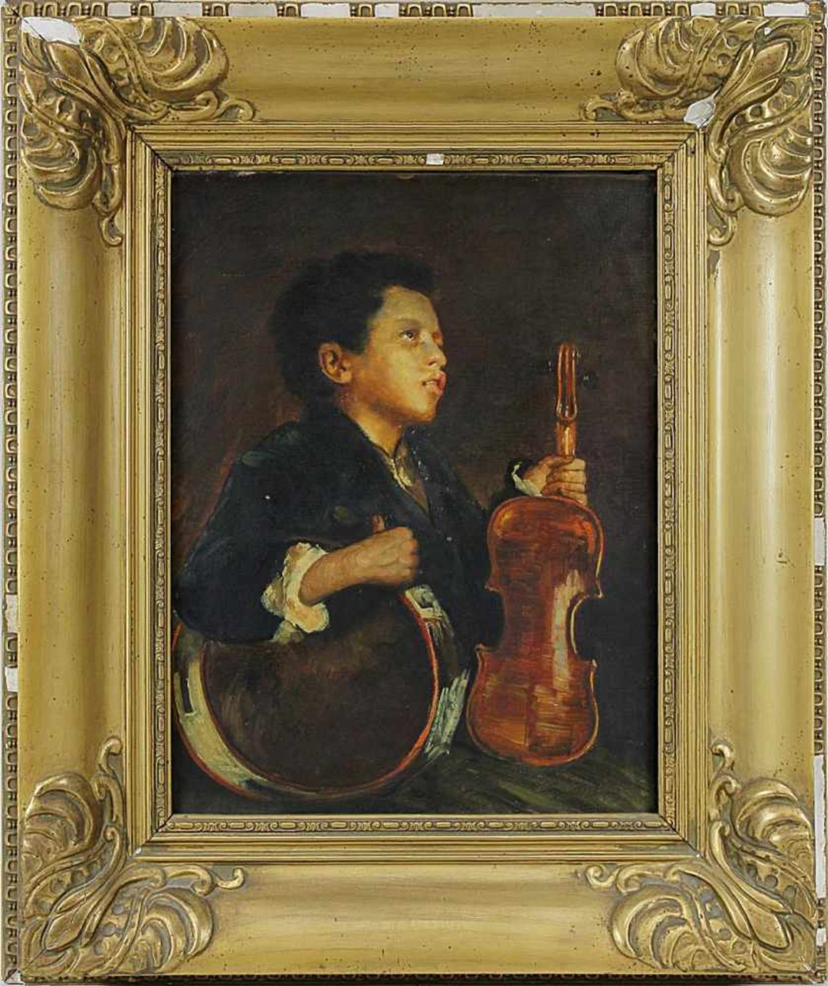 Bildnismaler, dt. um 1900, Knabe mit Geige und Tamburin, Öl auf Leinwand, rückseitig mit