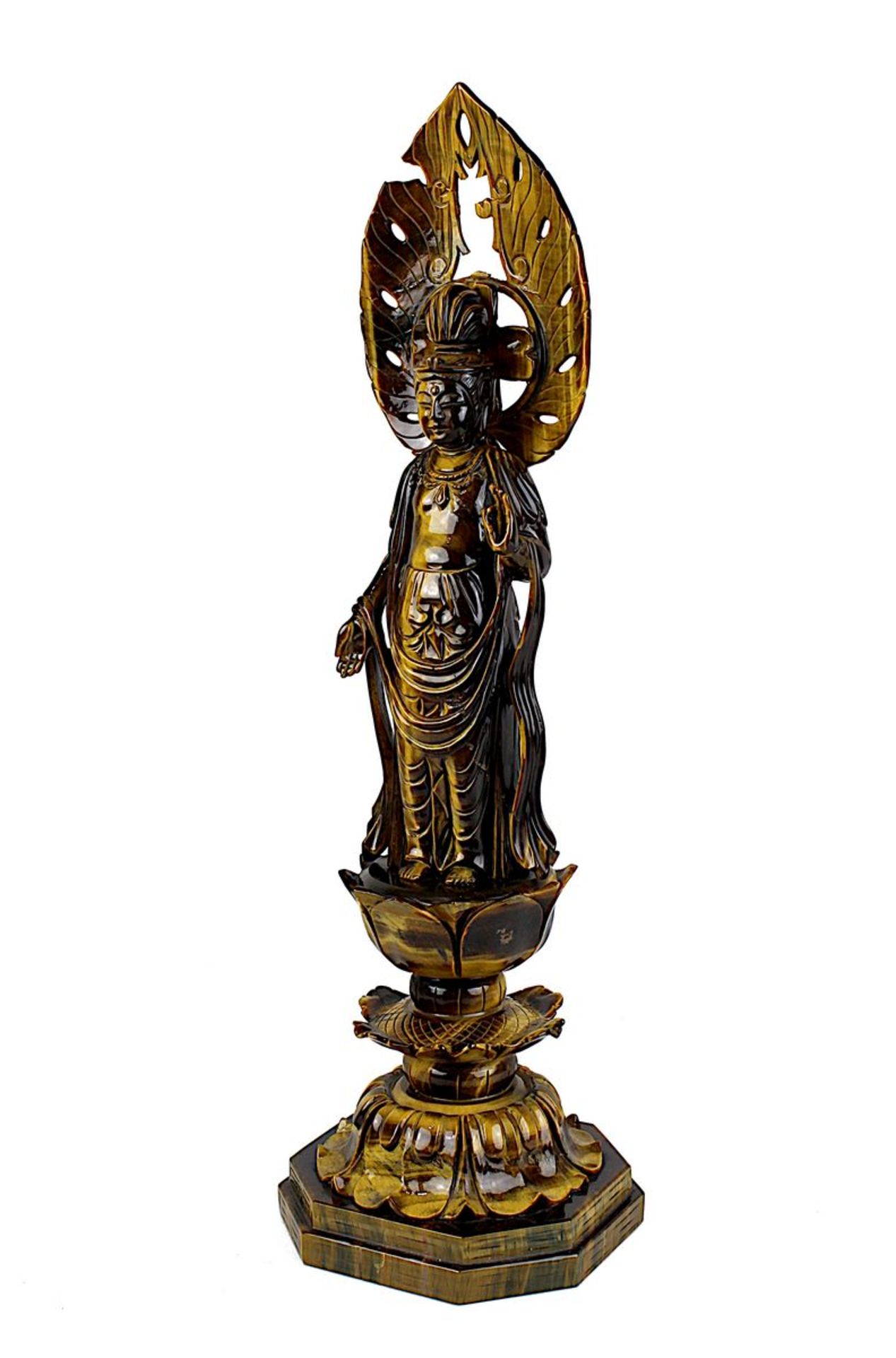 Guanyin-Buddhafigur, Tiegerauge, Südost-Asien, 1. Hälfte 20. Jh., fein geschnitzte Figur aus