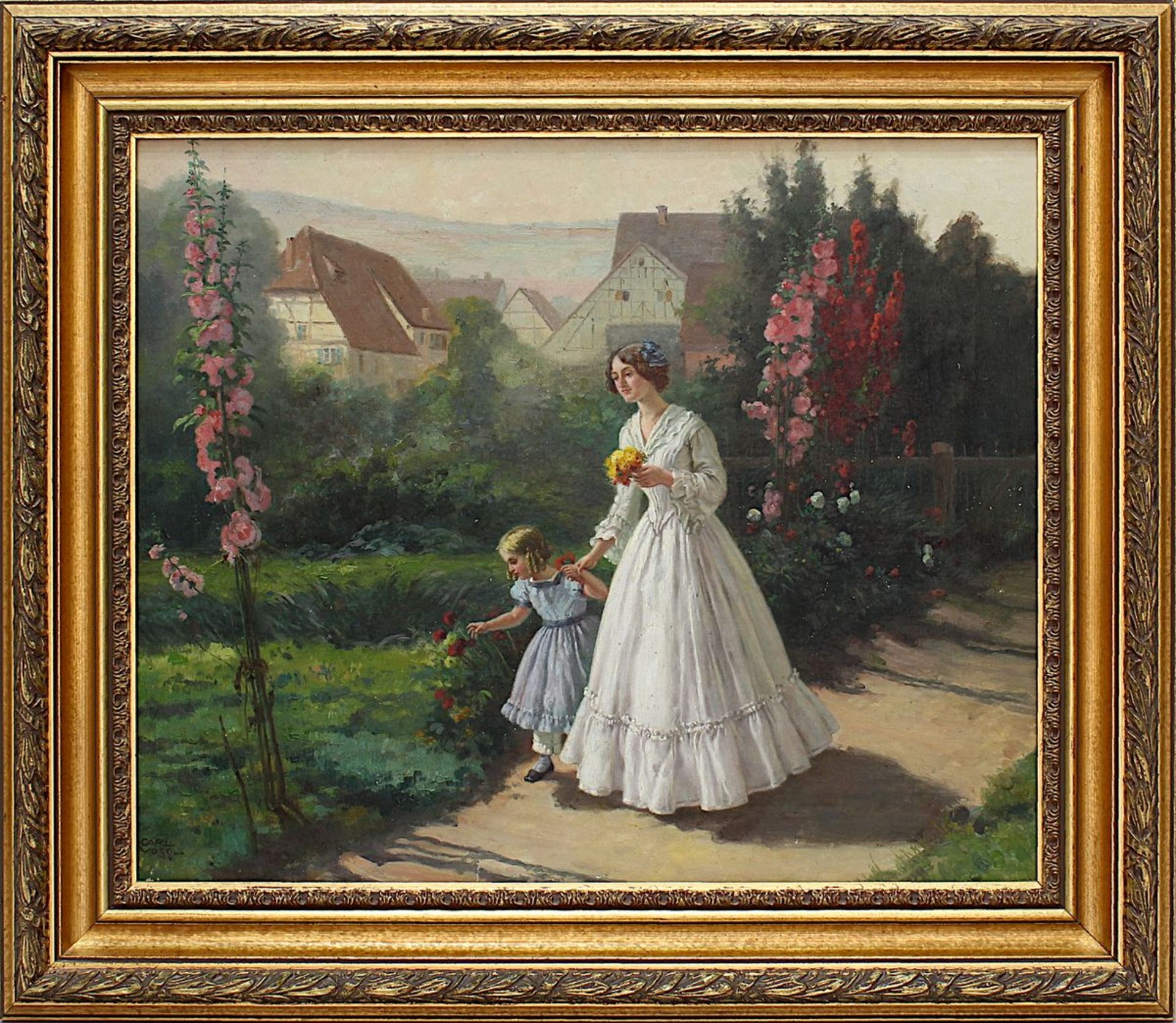 Voss, Carl Leopold (Rom 1856 - 1921 München), Mutter mit Kind im Garten, Öl/Lwd., unt. li. sign.,
