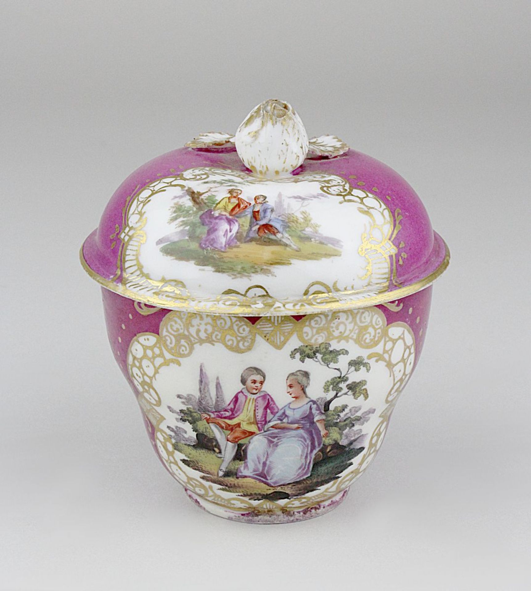 Meissen, Cremedose, 1774-1814, Porzellan, weißer Scherben, Aufglasurmalerei, Goldkartuschen mit