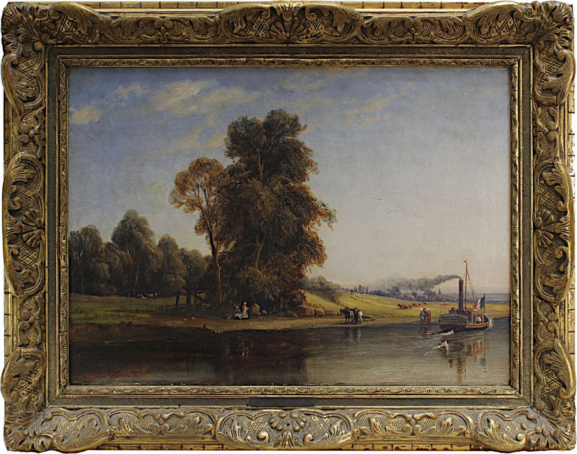 Héroult, Antoine Désiré (Pont-l'Eveque 1802-1853 Paris), Flusspartie mit Dampfer, Öl auf Leinwand,