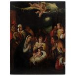 Christi Geburt, Frankreich 17./18. Jh., Öl auf Holztafel, Geburt Christi mit vielfiguriger Staffage,
