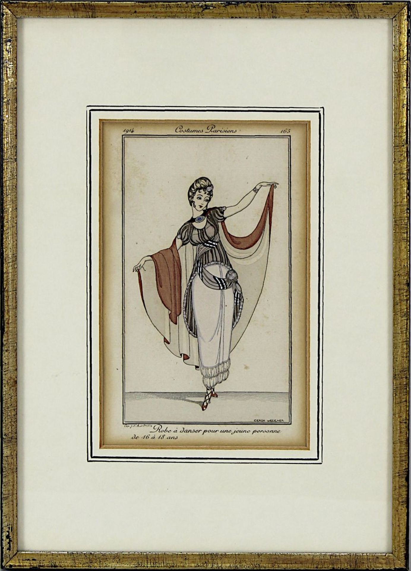 Fünf kolorierte Modestiche, um 1913/14, "Costumes Parisiens", verschiedene Mode- bzw. - Image 6 of 6