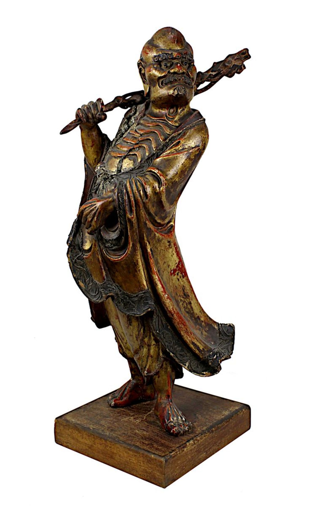 Holzfigur knochiger Mann mit Stock, China, späte Ming-Dynastie, Oberfläche in Lack gefasst, mit