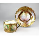 Limoges Kaffeetasse, um 1910, Außenwandung der Tasse und Fahne der Untertasse mit geätztem oder