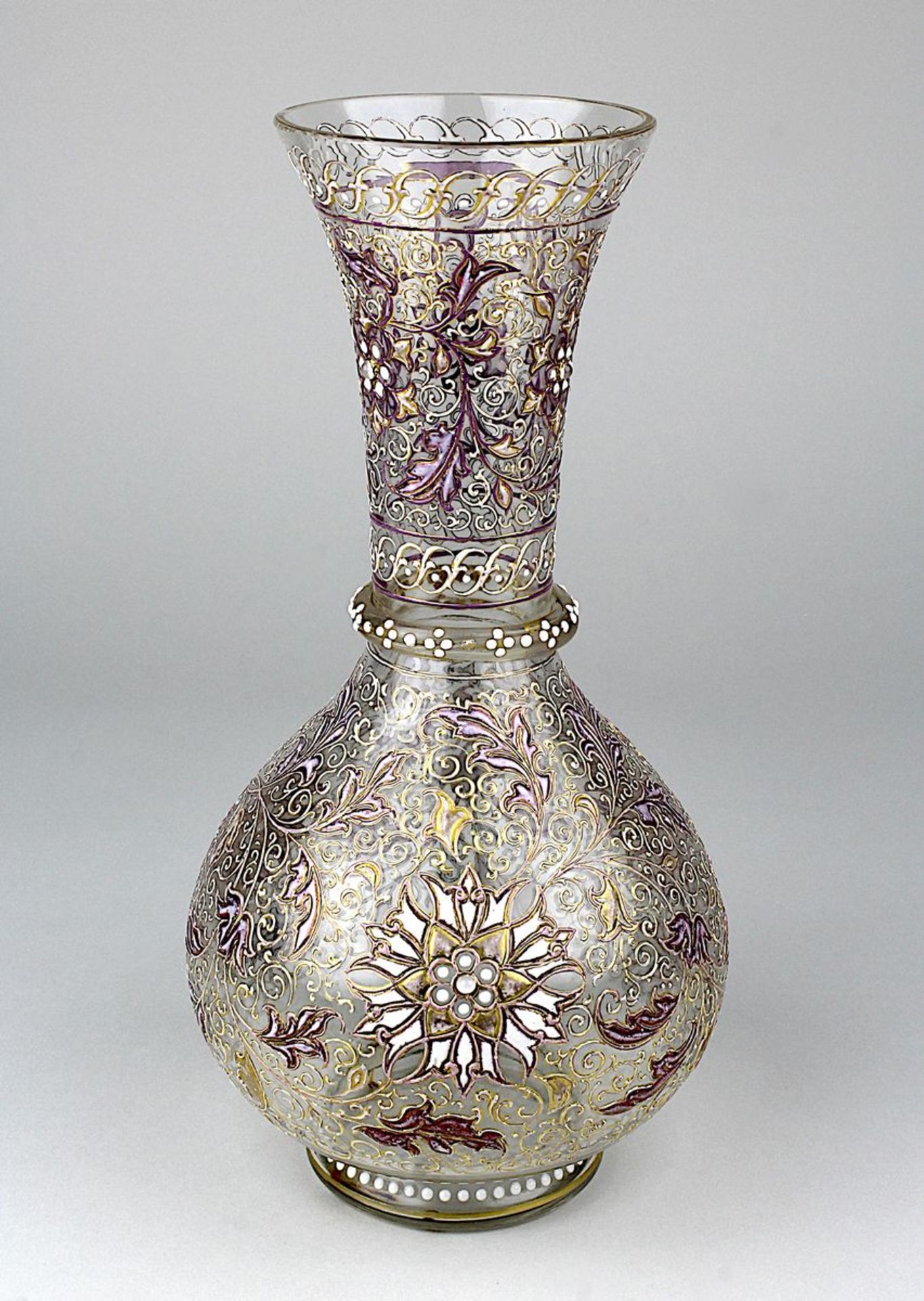 Historismus- Emailvase, Meyr´s Neffe, Adolf bei Winterberg, um 1875, mundgeblasener flaschenförmiger