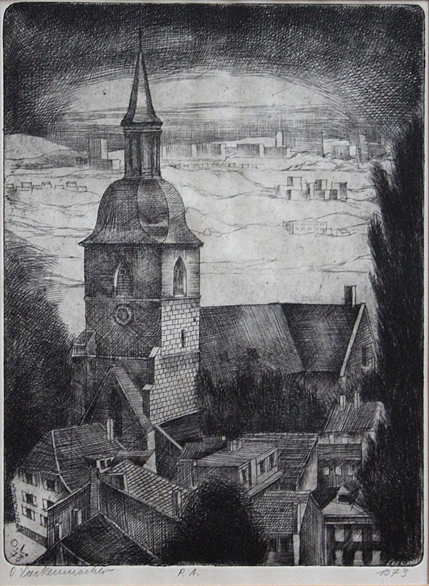 Lackenmacher, Otto (1927-1988), Blick auf die Stiftskirche St. Arnual und umliegende Gebäude,