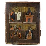 Vierfelder-Ikone, Russland 2. H. 19. Jh., Tempera auf Holz, Darstellung der Heiligen Dreifaltigkeit,