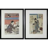 2 japanische Farbholzschnitte, wohl Kunisada Utagawa (Toyokuni III, 1786-1865 Edo), Dame im