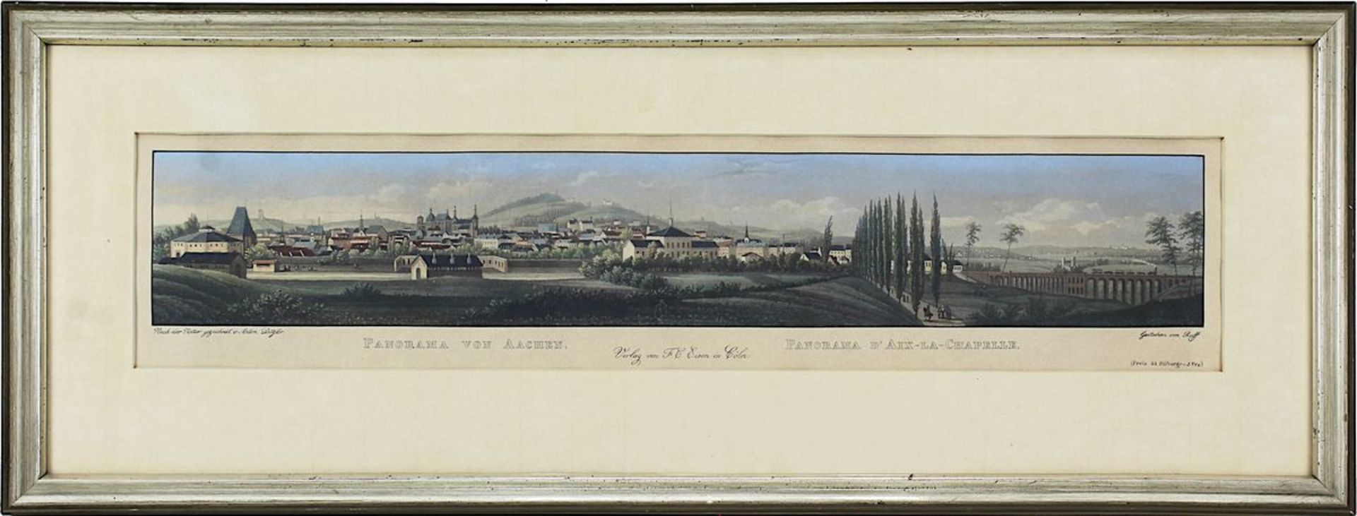 Panorama von Aachen, fein kolorierte Aquatintaradierung, von Johannes Ruff (1813-1886) nach Anton