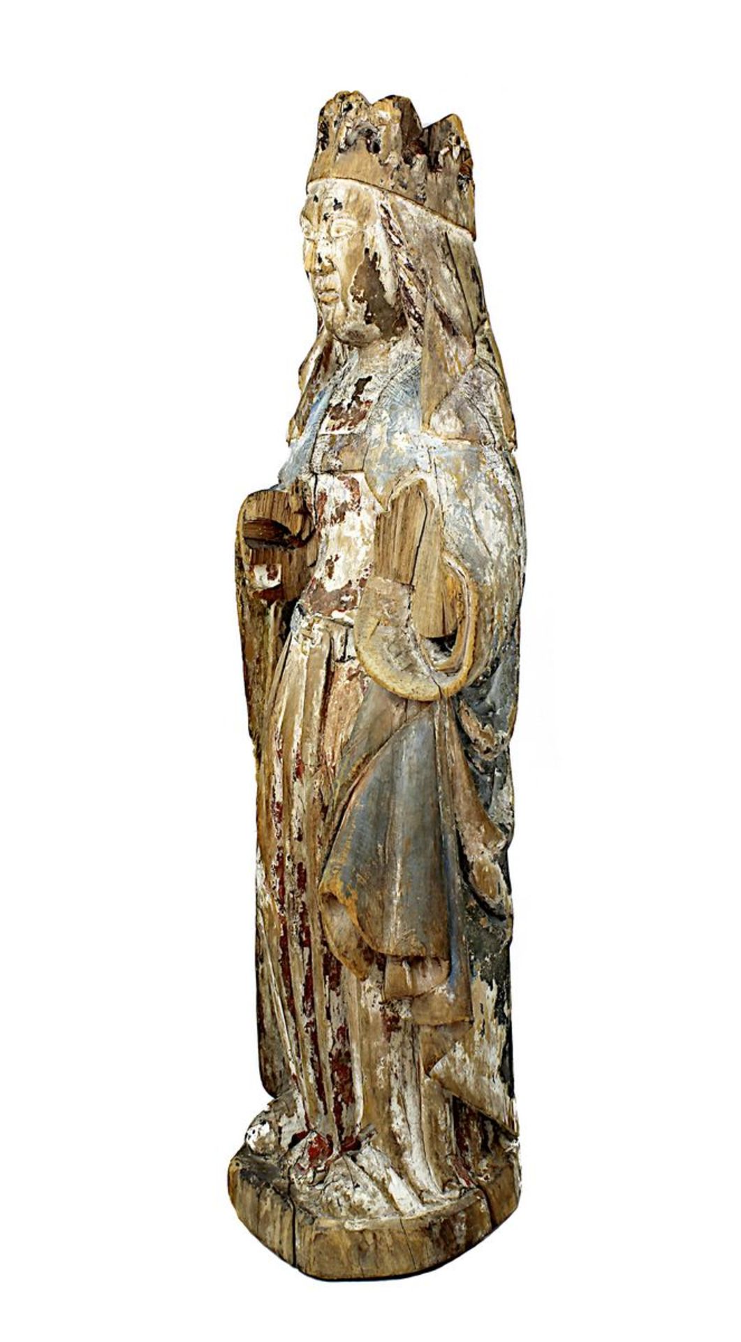 Gotische Madonna, wohl Frankreich, 14. Jh., Holz geschnitzt, mit Resten alter Fassung, beide - Bild 2 aus 2