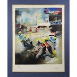 Pernod-Reklame Motorradrennen, Lithographie um 1960, re. u. signiert Massagar (?), li. u. nummeriert