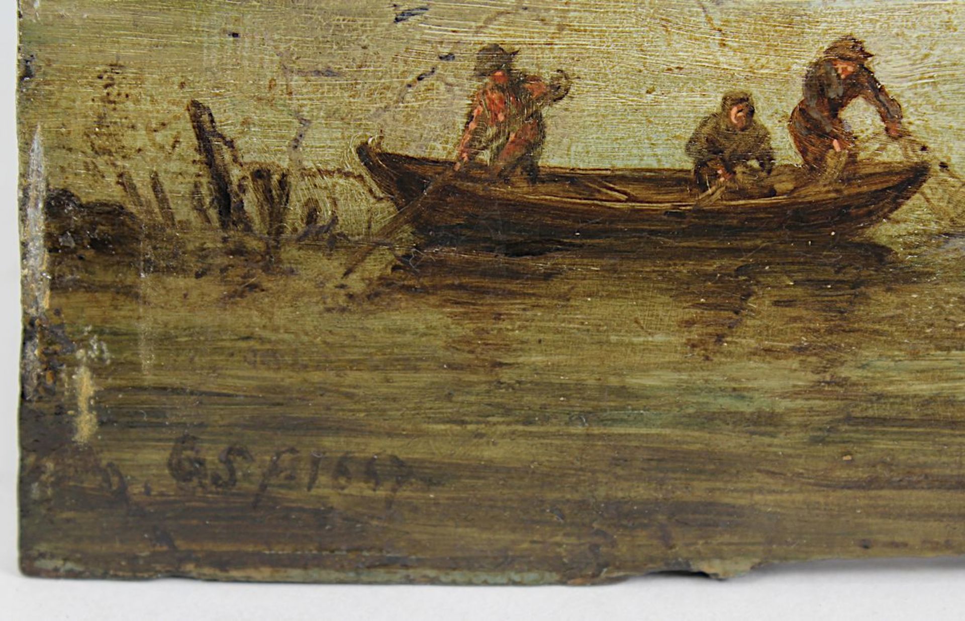 Monogrammist G.S., Holländische Küstenlandschaft mit Fischern, Öl/Eichenholz, unt. li. monogrammiert - Bild 3 aus 4