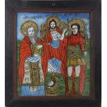 Hinterglasbild, Rumänien 19. Jh., Darstellung zweier orthodoxer Heiliger, wohl Hl. Nikolaus und
