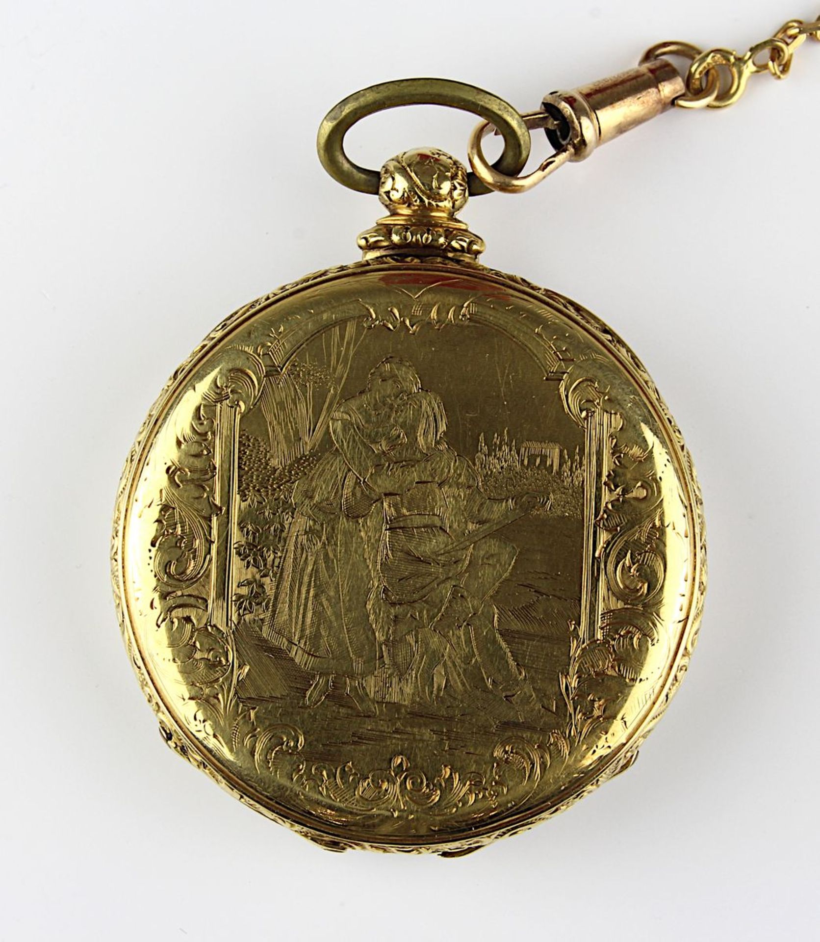 Goldene Schlüssel-Taschenuhr, Schweiz um 1860, Gehäuse aus 18 kt Gold, Rückdeckel mit graviertem - Image 2 of 3