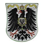 Wandplatte, Villeroy & Boch, Mettlach, 1899, mit Reichsadler, in Wappenform, Adler lithographiert