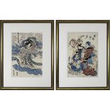 2 japanische Farbholzschnitte, Künstler ungedeutet, Dame am Strand mit bewegten Wellen und Zwei