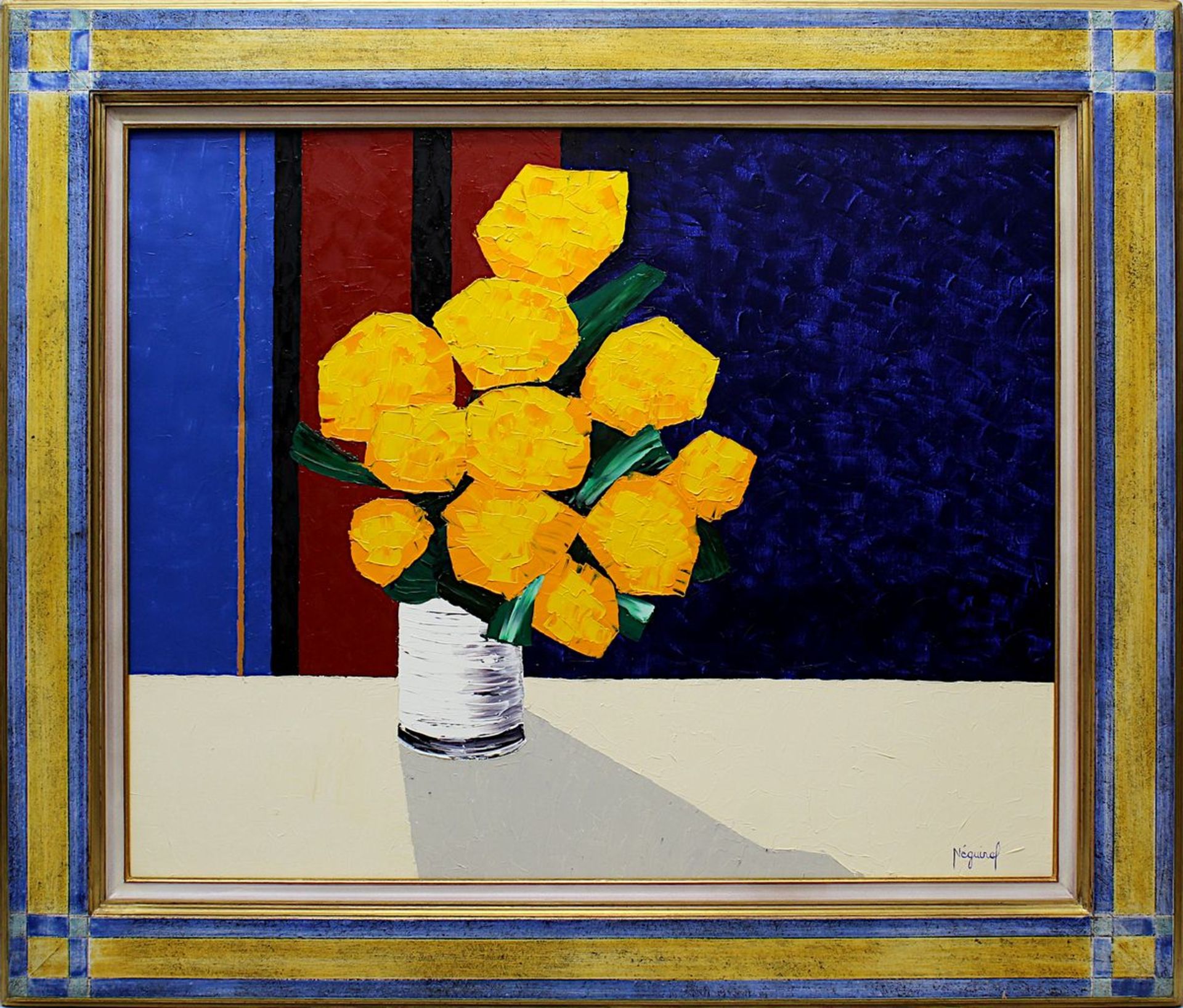 Néguiraf (zeitgenössischer Künstler 2. Hälfte 20. Jh.) Vase mit gelben Blumen vor blau-schwarz-rot