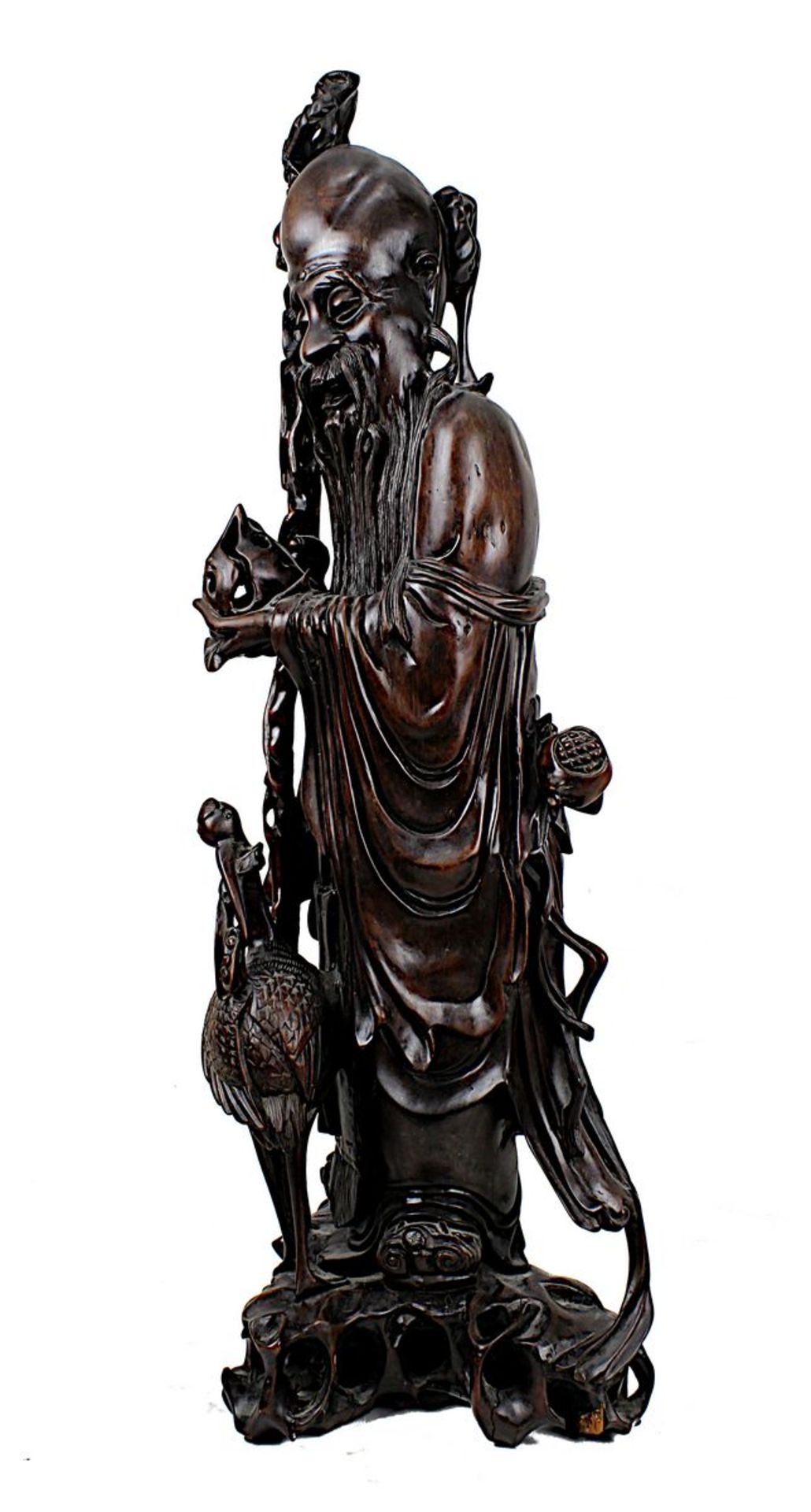 Holzfigur eines chinesischen Weisen mit Stock und Vogel, aus einem Stück Teakholz geschnitzte - Bild 2 aus 2