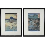 2 japanische Farbholzschnitte, wohl Utagawa Hiroshige (1797-1858), Meeresbucht mit Segelbooten und