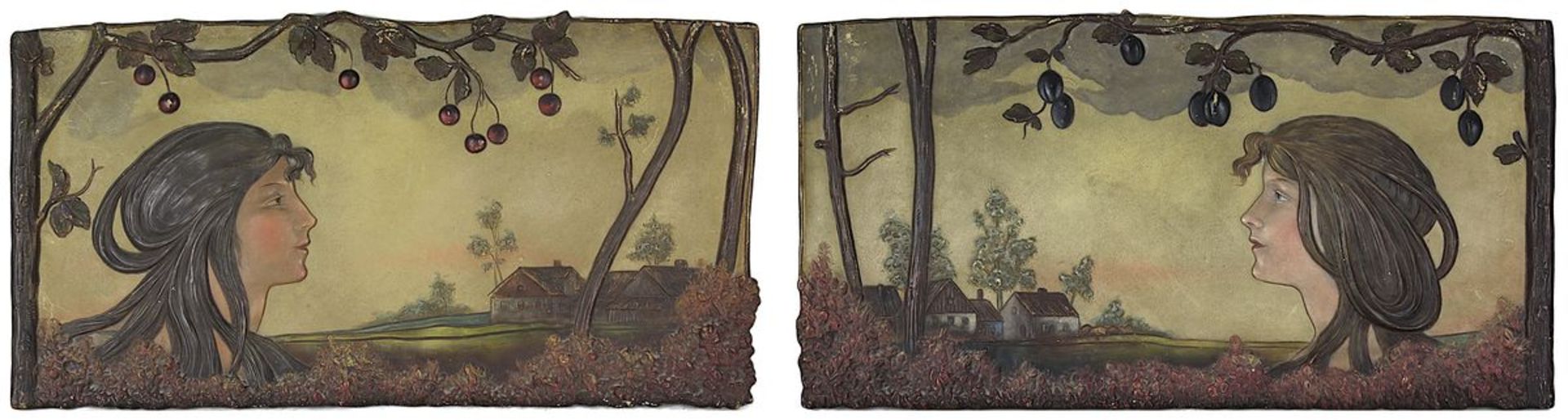 Zwei Jugendstil - Wandplatten, Bernhard Bloch, Eichwald / Böhmen um 1900, Keramik, heller