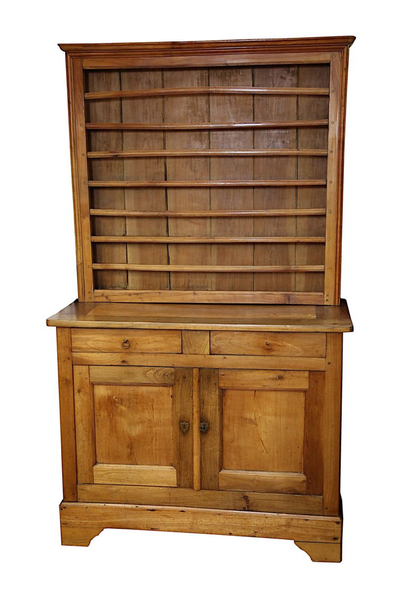 Biedermeier Anrichte mit Tellerbord, Kirschbaum massiv um 1820, zweitürige Anrichte mit 2 Schubladen