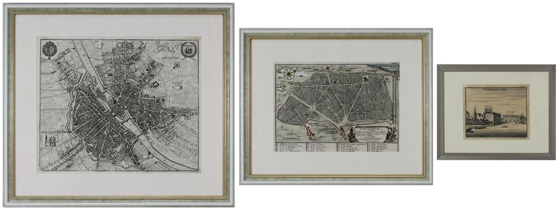Drei Stiche mit Parisansichten, 17./ 18. Jh.: Paris aus der Vogelschau, Kupferstich von M. Merian (