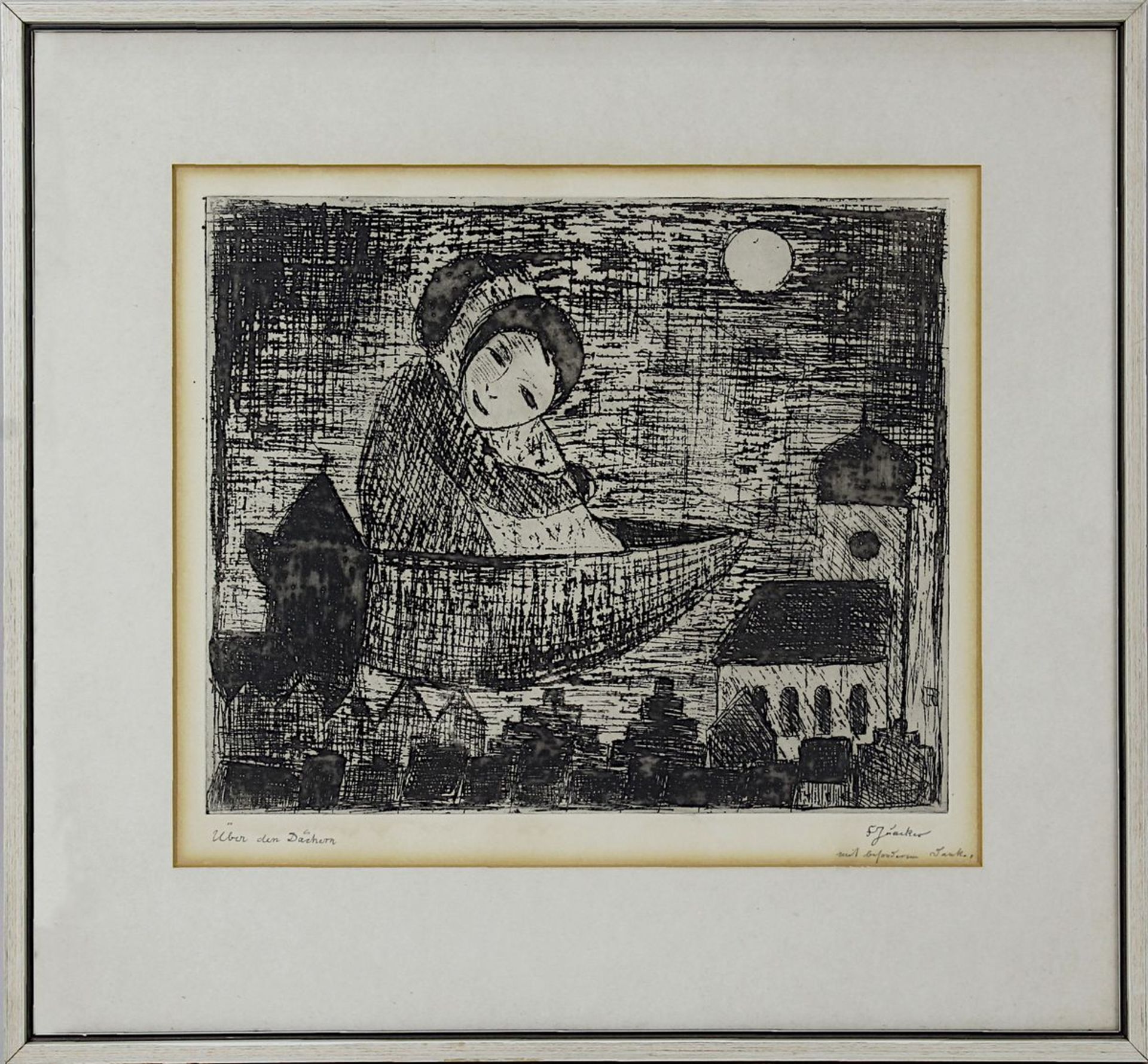 Juncker, Franz (Speyer 1899 - 1980 Homburg), "Über den Dächern", Radierung, 25 x 30 cm, am unteren