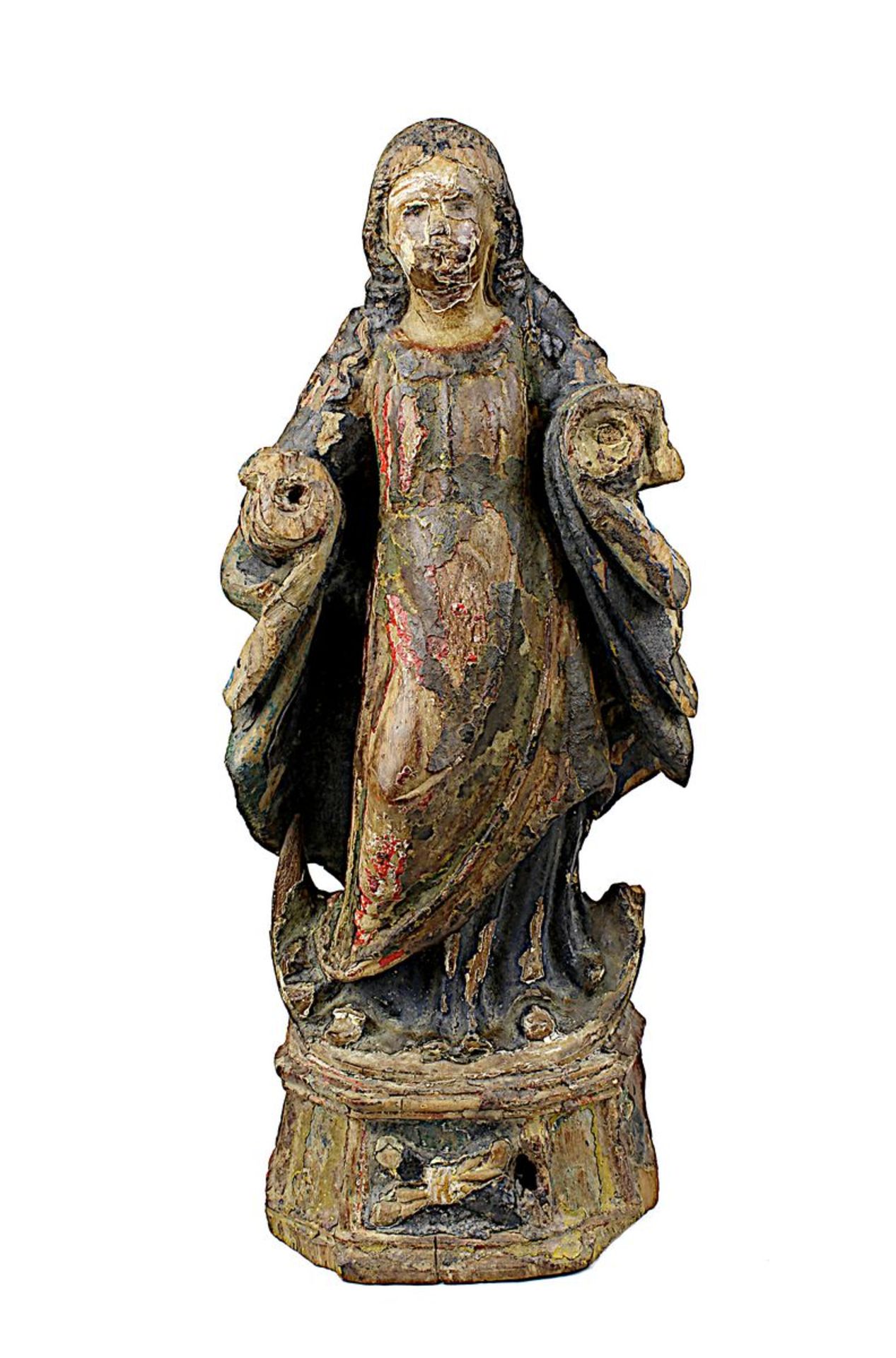 Maria Immaculata, Portugiesisch Goa, Ende 18. Jh., auf polygonalem Holzsockel stehende Figur, Holz