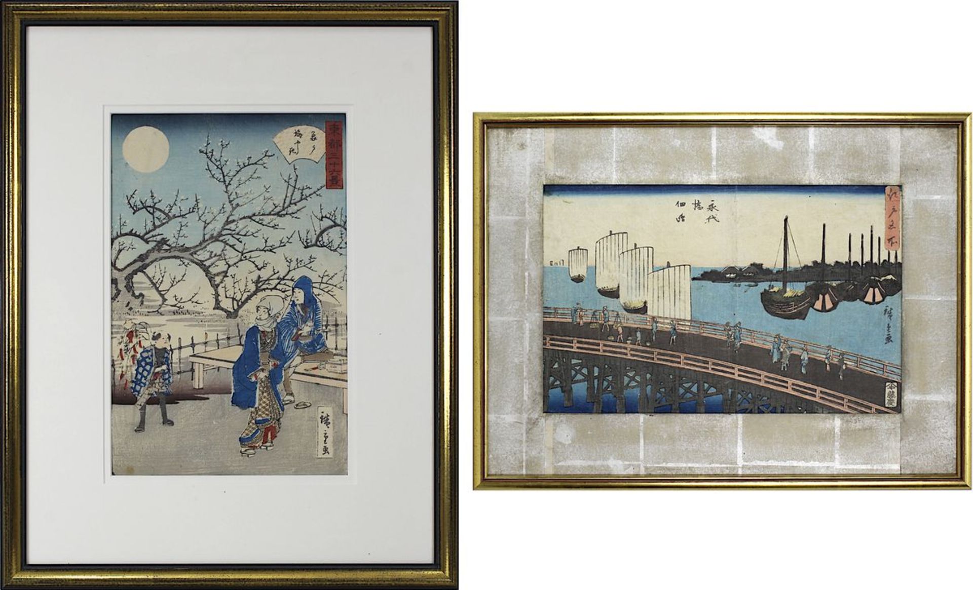 2 japanische Farbholzschnitte, wohl Utagawa Hiroshige (1797-1858): Brücke und Segelboote,