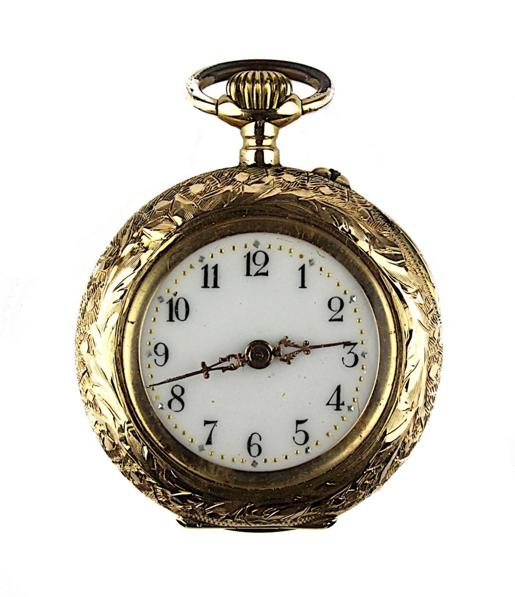 Goldene Damen-Taschenuhr, Schweiz um 1900, 585er Roségold gepunzt, aufwendig graviertes Gehäuse