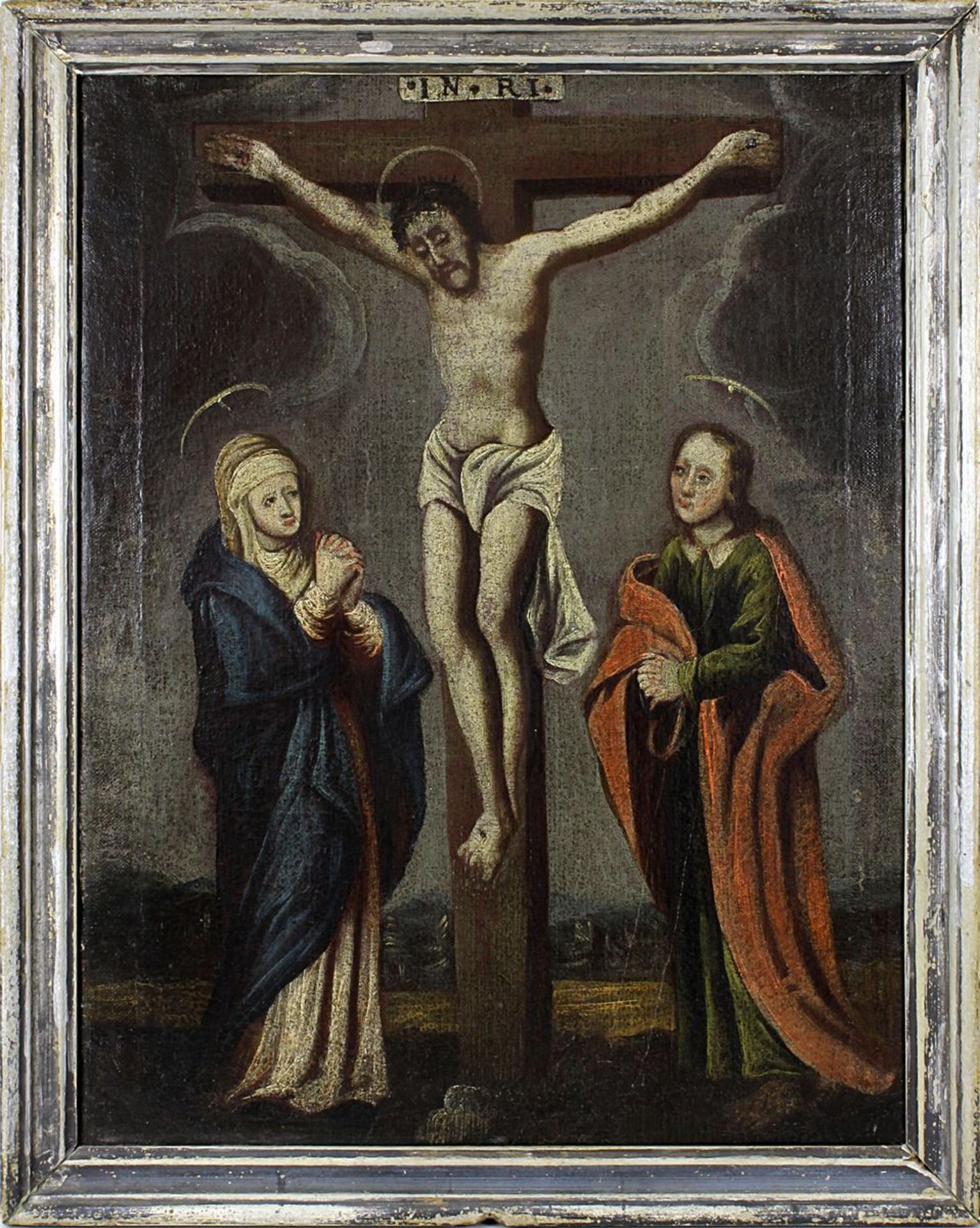 Heiligenmaler des 18.Jh., Jesus am Kreuz mit Maria und Johannes, Öl auf Leinwand, doubliert, 60 x 44