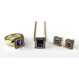 3-teiliges Gelbgold-Schmuckset mit Amethysten und Diamanten, 585er Gelbgold gepunzt, bestehend aus