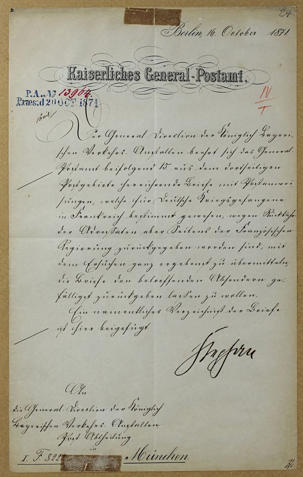Schreiben des kaiserlichen General-Postamts vom Okt. 1871, "An die Generaldirektion der königlich- - Bild 2 aus 2